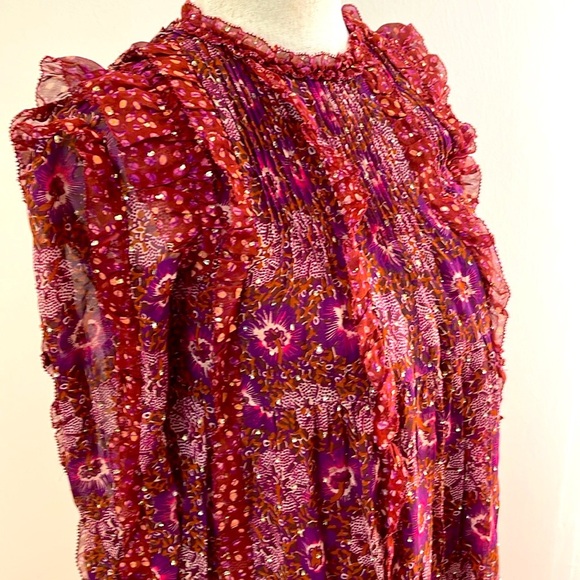 Ulla Johnson Girls Silk Lurex Dress XS - Red Floral Ruffle Boho Fall - Picture 3 of 6